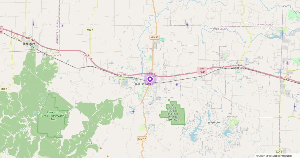 Map showing Warrenton, MO in Warren County — part of the 2k Web Developments service area.