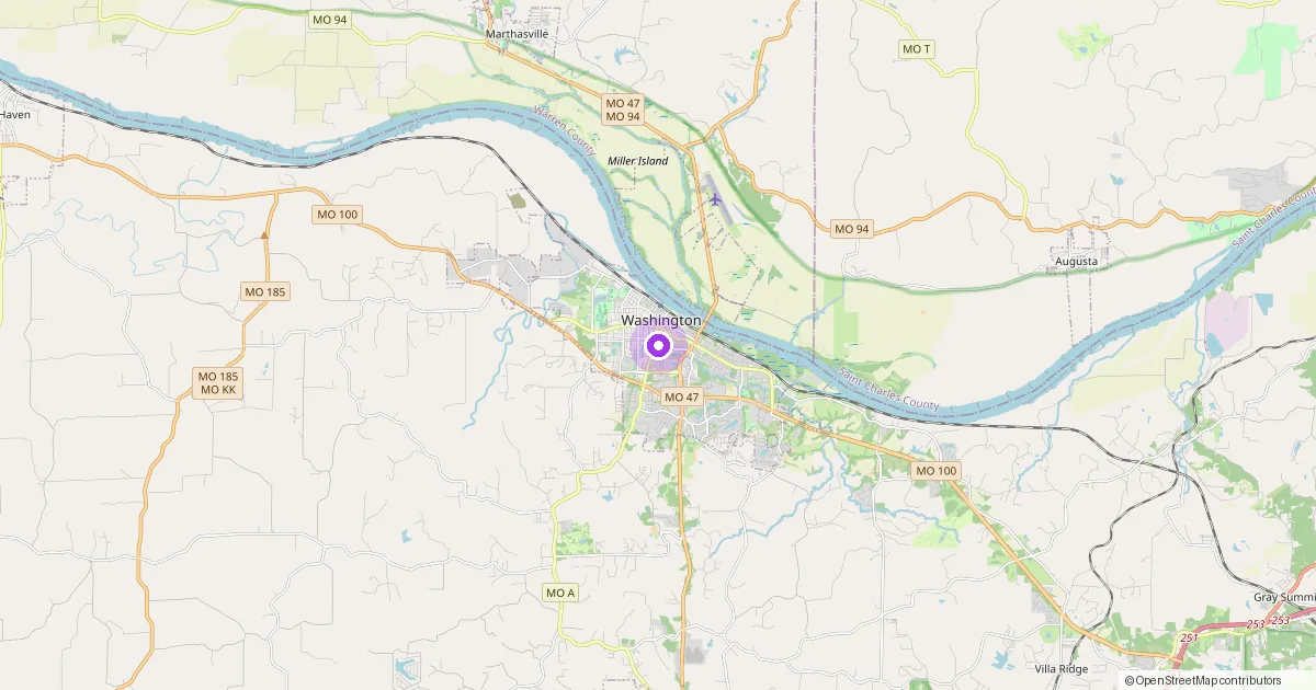 Map showing Washington, MO in Franklin County — part of the 2k Web Developments service area.