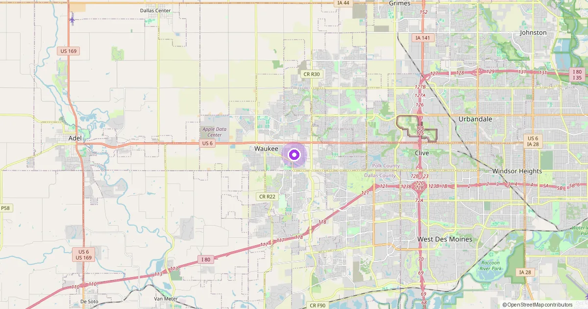 Map showing Waukee, IA in Dallas County — part of the 2k Web Developments service area.