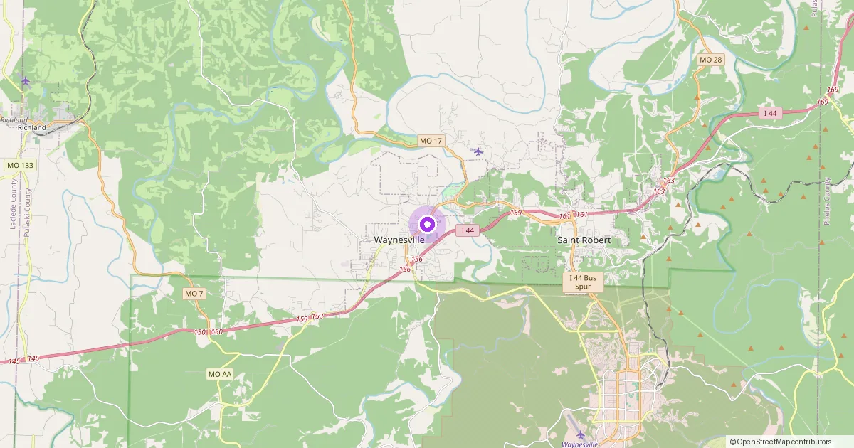 Map showing Waynesville, MO in Pulaski County — part of the 2k Web Developments service area.