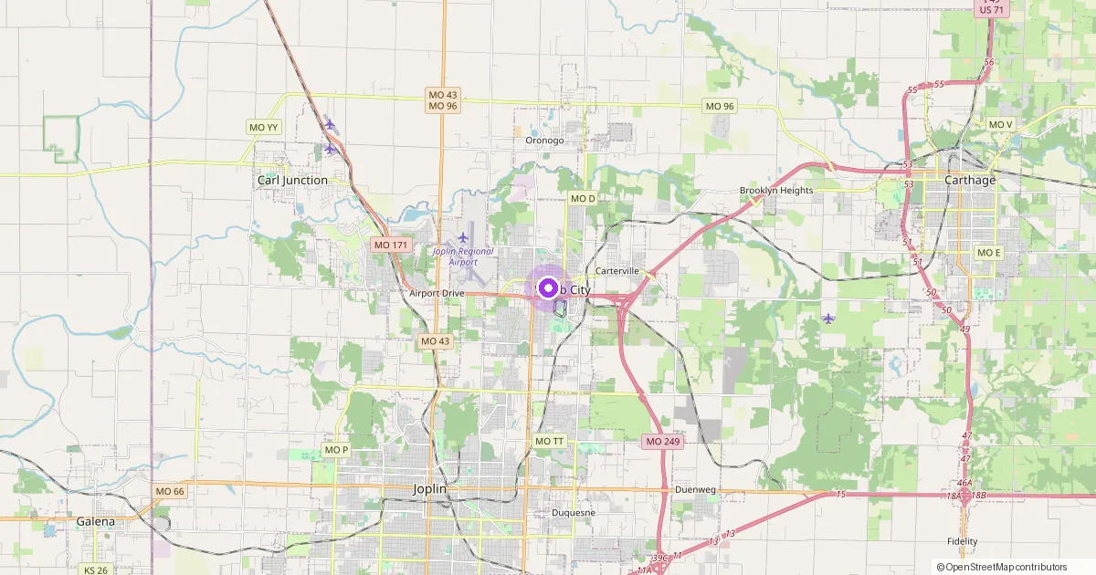 Map showing Webb City, MO in Jasper County — part of the 2k Web Developments service area.