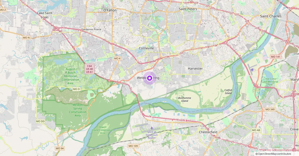 Map showing Weldon Spring, MO in St. Charles County — part of the 2k Web Developments service area.