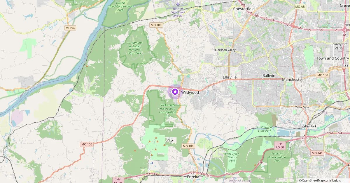Map showing Wildwood, MO in St. Louis County — part of the 2k Web Developments service area.
