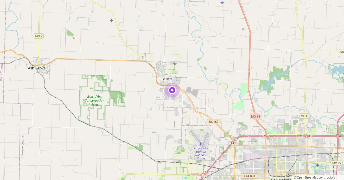 Map showing Willard, MO in Greene County — part of the 2k Web Developments service area.