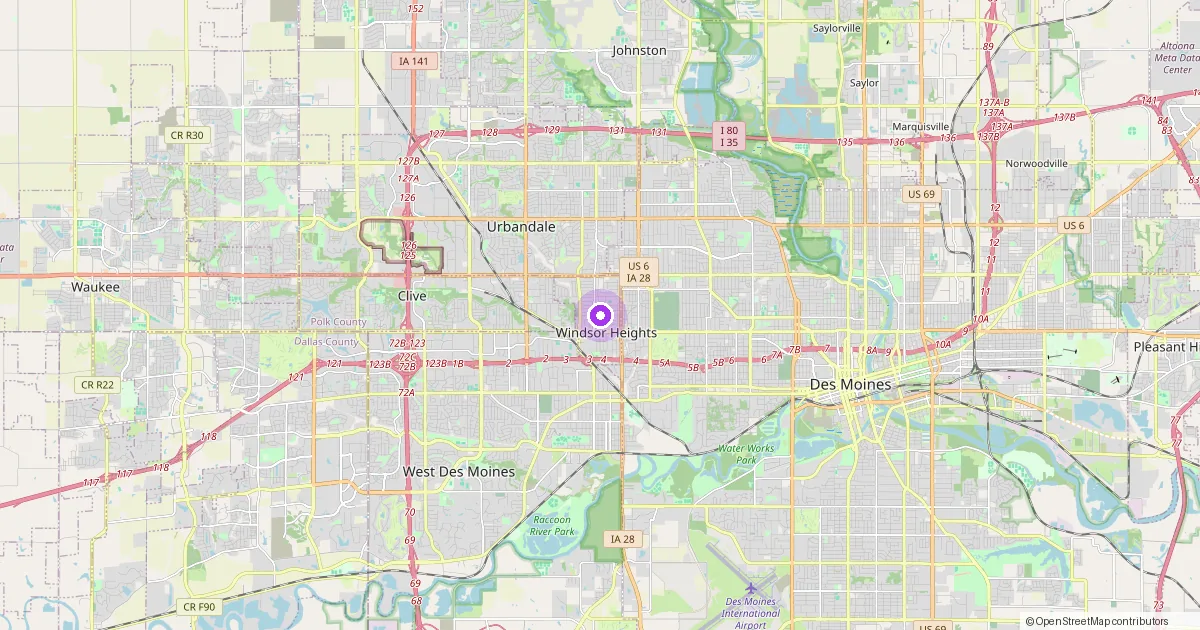 Map showing Windsor Heights, IA in Polk County — part of the 2k Web Developments service area.