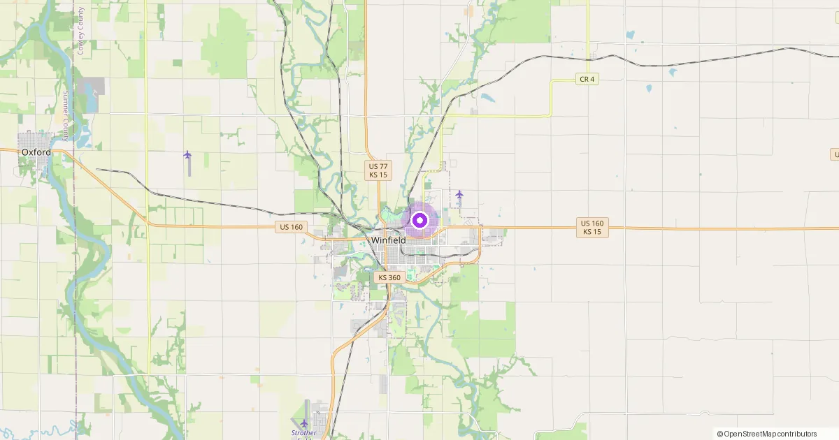 Map showing Winfield, KS in Cowley County — part of the 2k Web Developments service area.